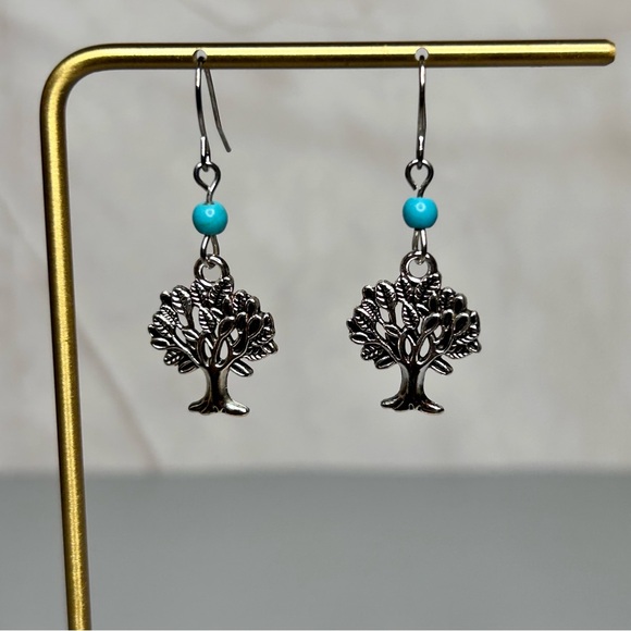 Olya Gabriel Jewelry - Silver Tone Tree Earrings with Turquoise Stone Beads